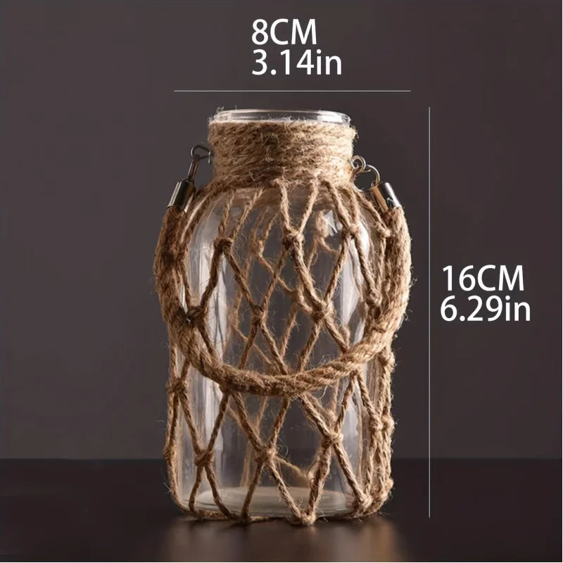 Boho-Chic Handwoven Mesh Glass Vase - Portable, Transparent with Solid Pattern for Home Decor & Hydroponics