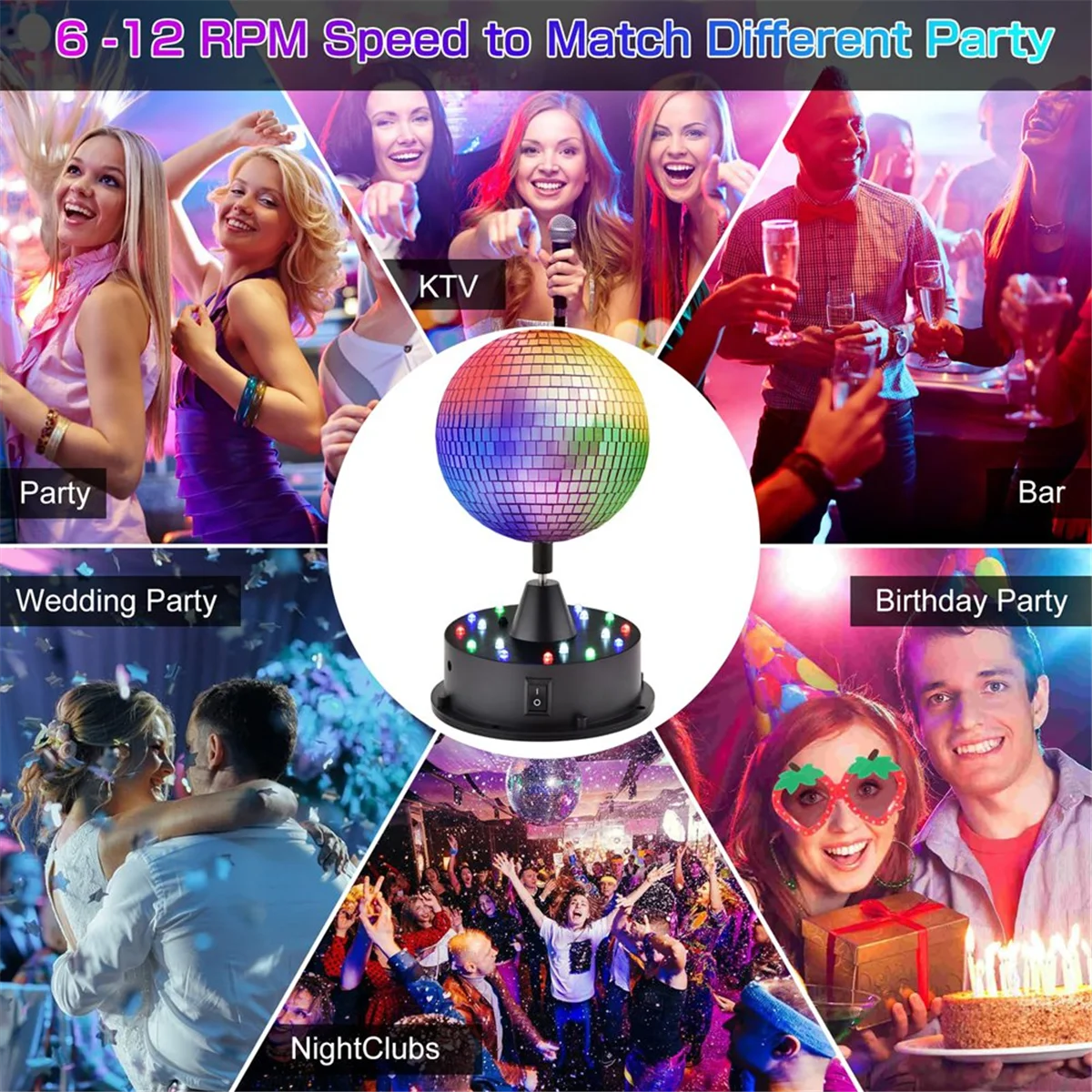 A20M Rotating 5in Disco Ball Party Lights with Remote, 6-12RPM Adjustable Disco Ball,18 LEDs DJ Light,Hanging and Table 2 Use