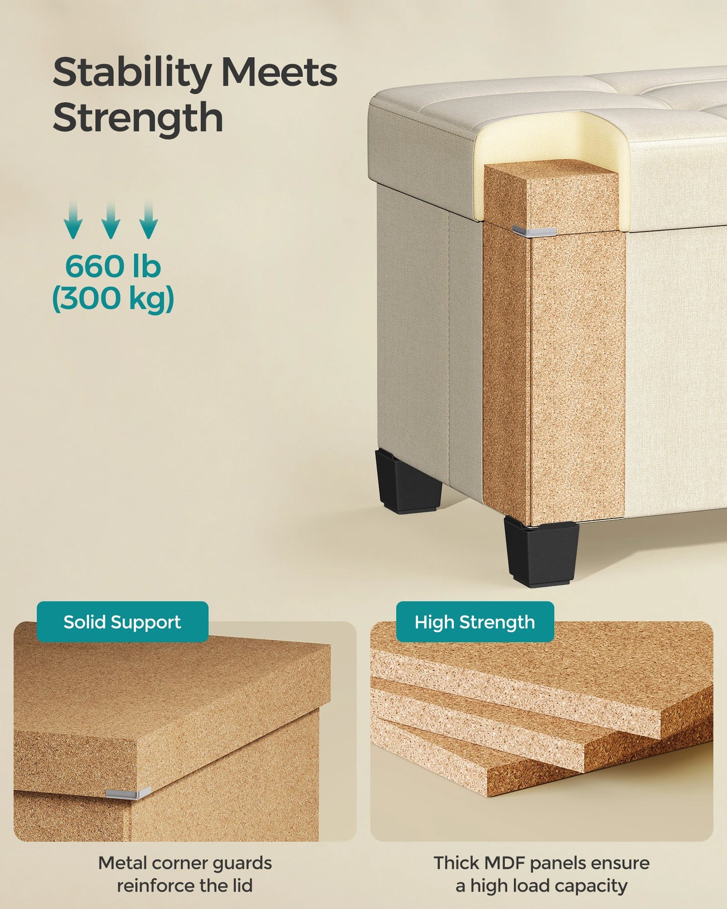 Foldable Storage Ottoman Bench with Legs, 43'' End of Bed Chest