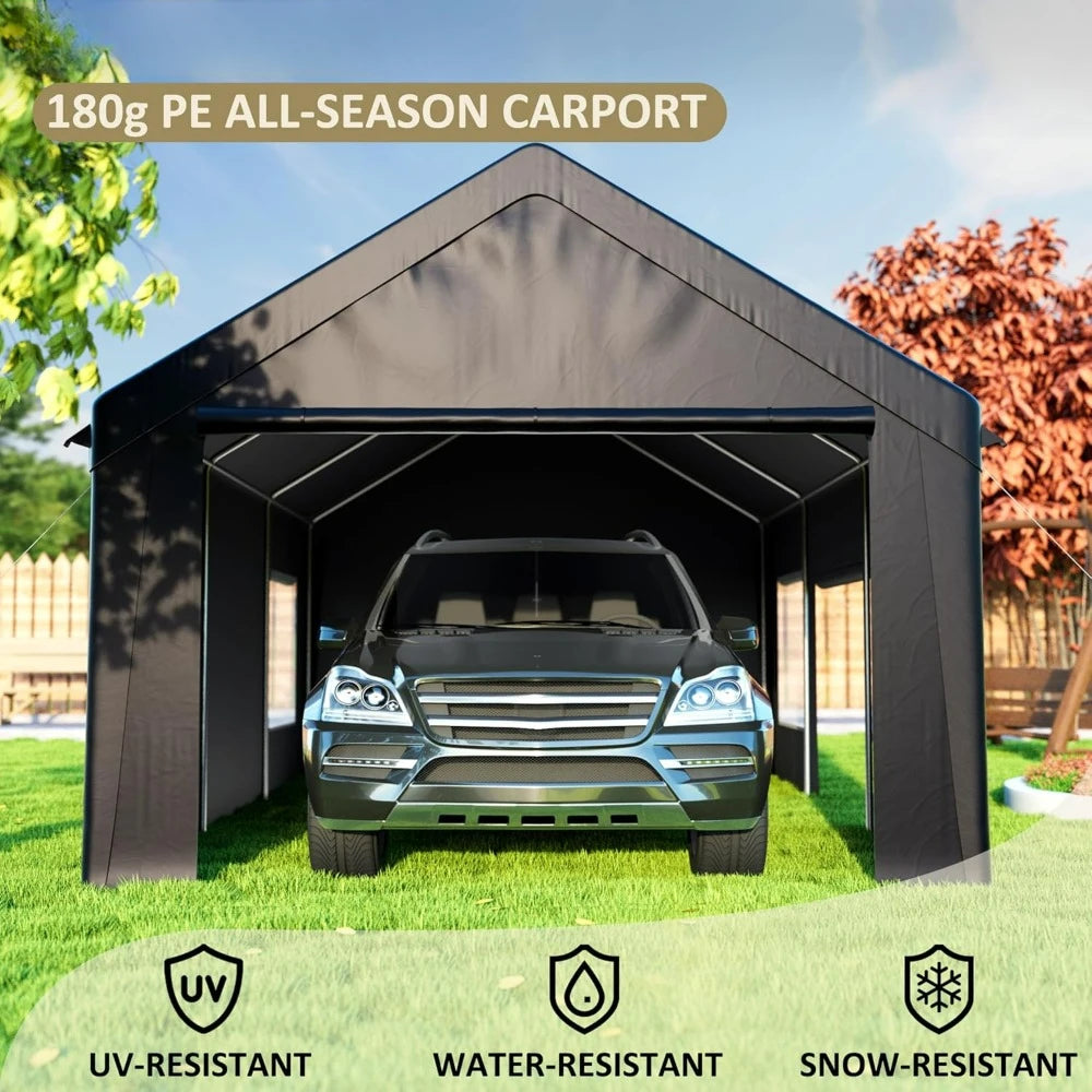 Carport 12' x 20' Heavy Duty Portable Garage, Side-Opening Door & Roll-Up Windows, Car Canopy Reinforced Four-Hole Base, Carport