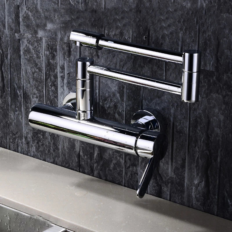 Brushed Kitchen Sink Faucet 304 Stainless Steel In-wall Double Hole 360° Rotation Universal Folding Hot Cold Mixer Kitchen Crane