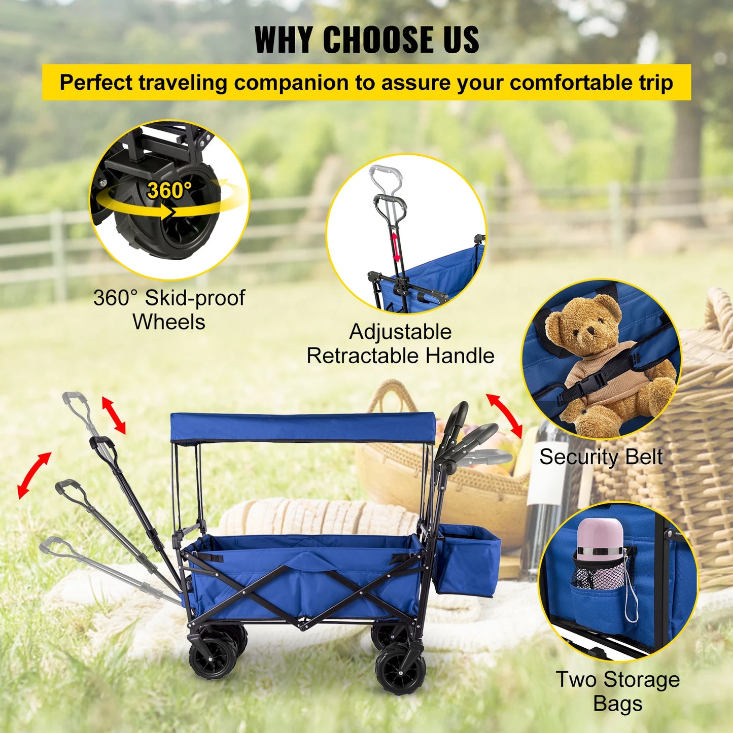 SucceBuy Folding Wagon Cart Adjustable Handle Bar Removable Canopy Oxford Cloth Collapsible Shopping Outdoor Camping Beach Cart