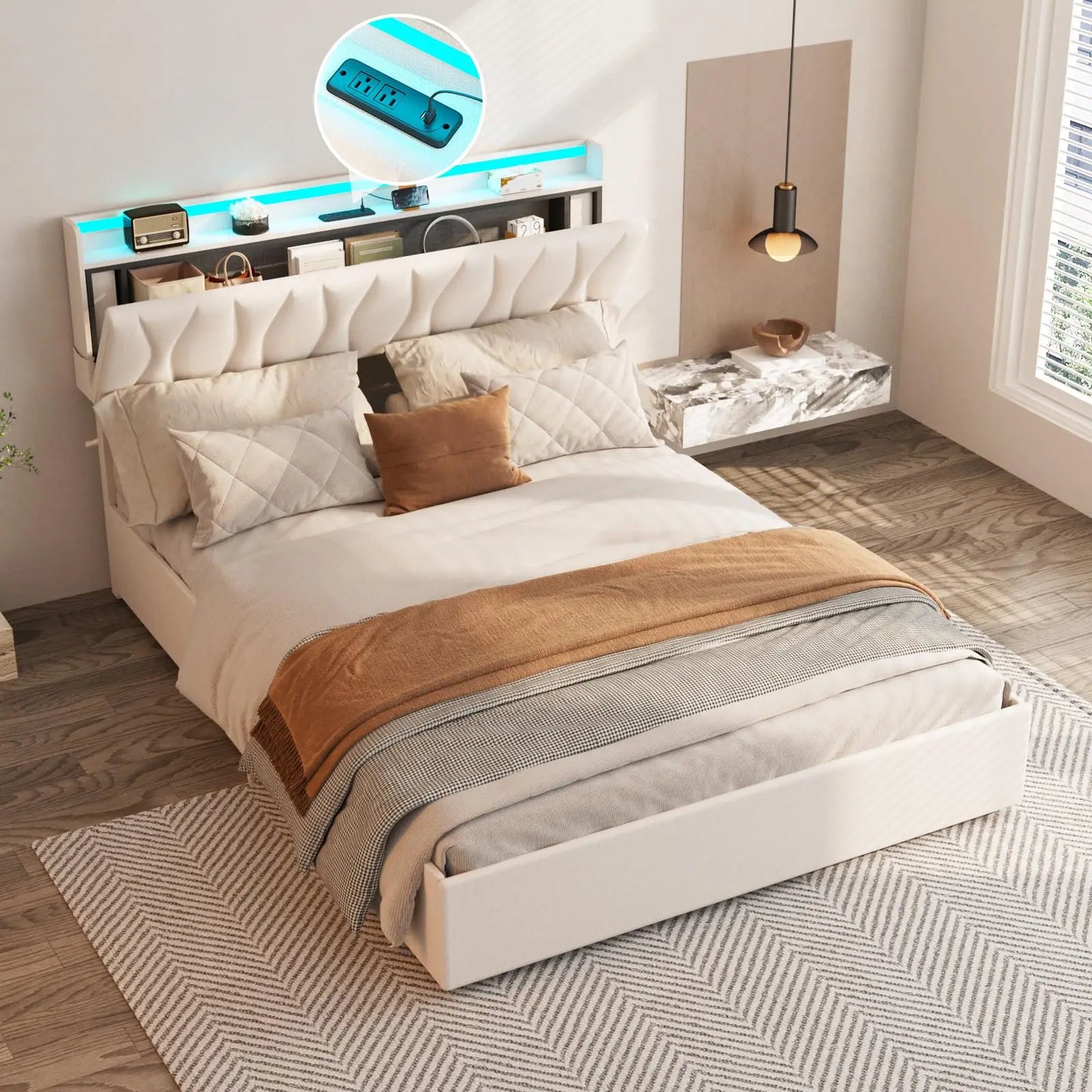 Vabches Lift Up Queen Bed Frame with Storage Headboard Upholstered Platform Bed Frame with Power Outlet&LED Lights No Box Spring