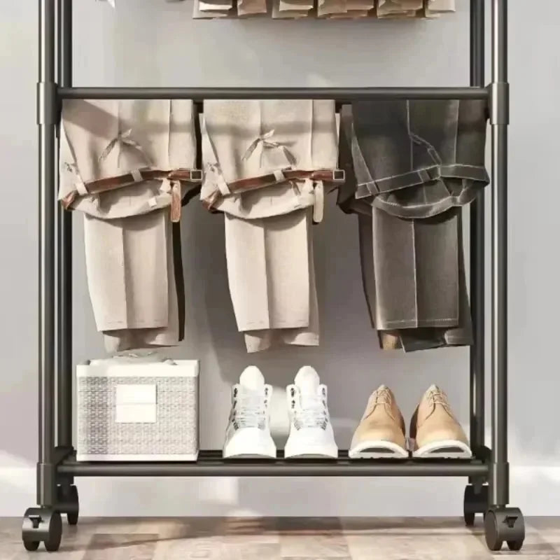 Movable Double Rod Clothes Rack Wheels Heavy Duty Coat Shelf with Bedroom Floor Hangers Organizer Home Shoe Hat Storage Racks
