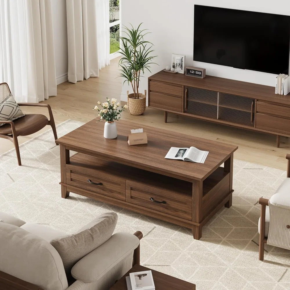 Farmhouse Coffee Table with Drawers, 47.2" Center Table Rustic Coffee Tables Walnut Center Table with Open Shelf