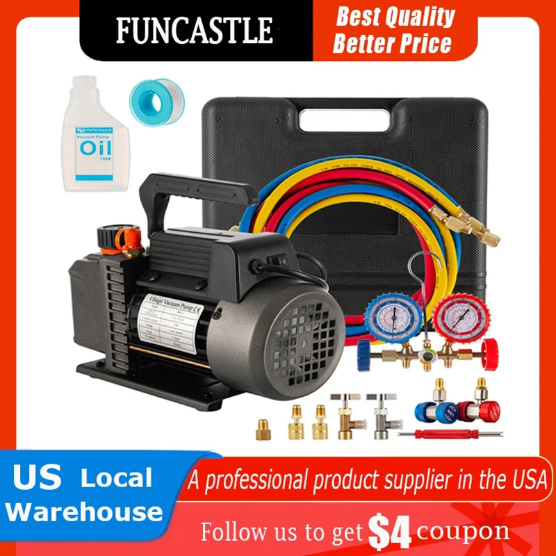 3.5CFM Air Vacuum Pump 1/4HP A/C Manifold Gauge Set for Air Conditioning R134A R410a R22 Air Refrigerant Kit With Oil