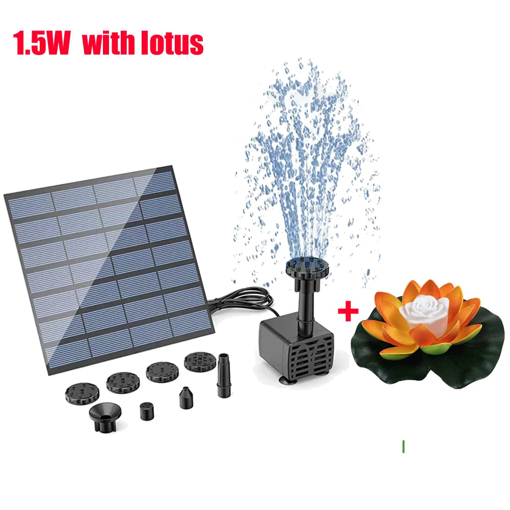 1.5W Solar Fountain Pump with 6 Nozzles Mini Fountain Pool Pond Waterfall for Outdoor Bird Bath Pond Garden Decor Floating Lotus