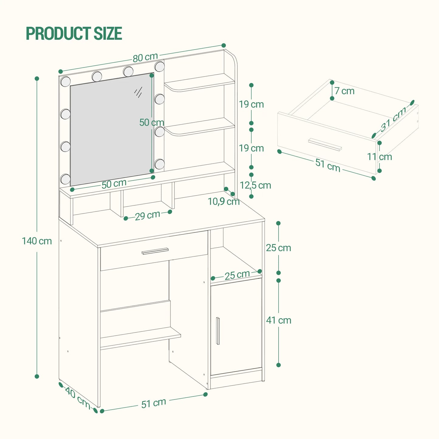 Hzuaneri Dressing Table with Mirror and 10 LED Lights, Vanity Unit with 3 Shelves & 4 Open Compartments, with Large Drawer