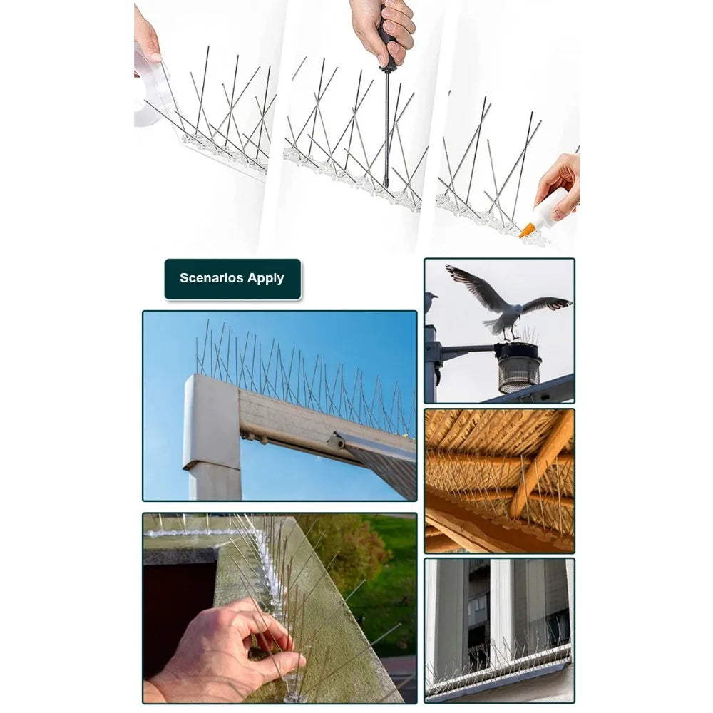 12Pcs Pigeon Spikes Stainless Steel Bird Repeller Set Deterrent Anti Bird Pigeon Squirrel Cats Repellent for Garden Fence Roof