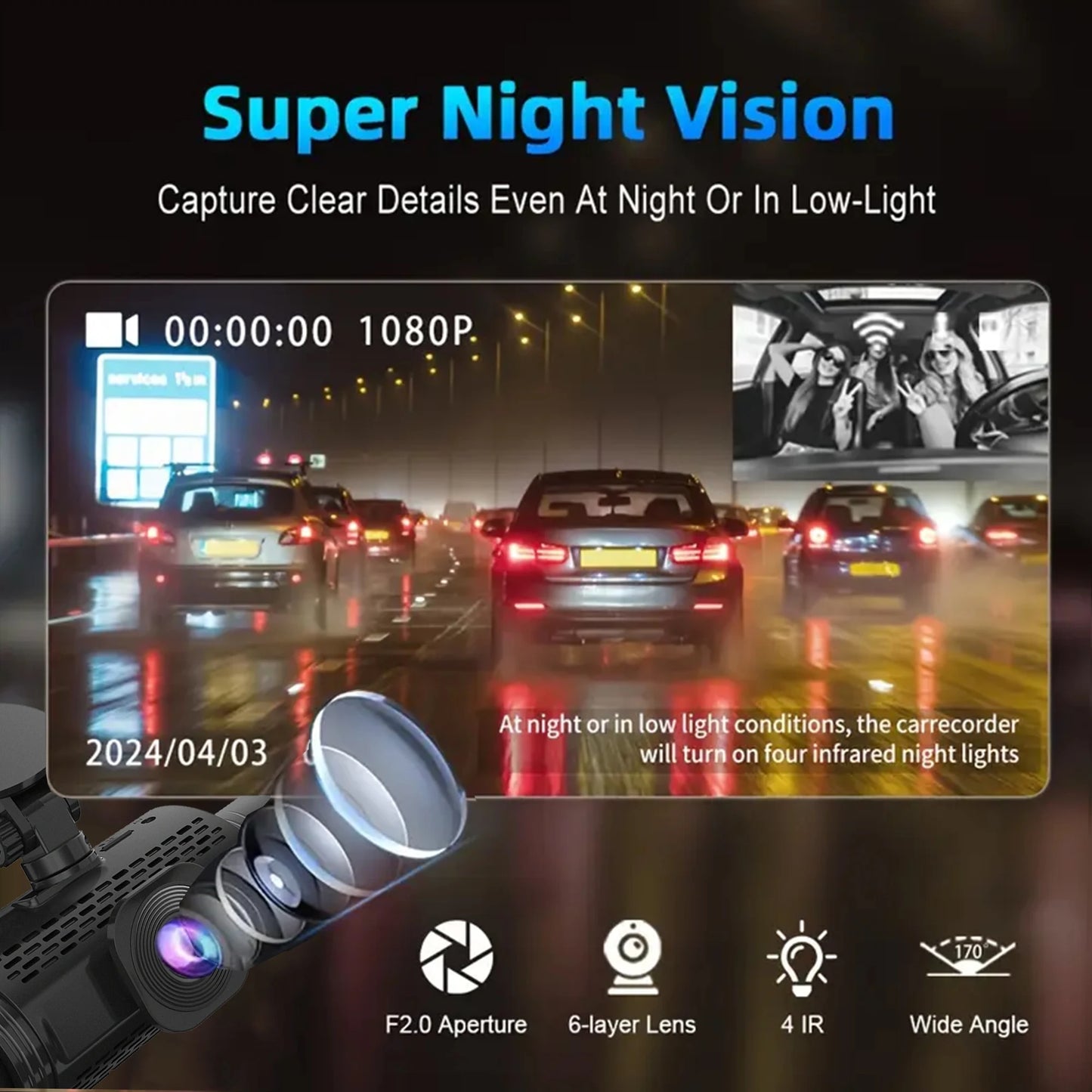 Car Dash Cam 4 Channel Black Box Driving Camera FHD 1080P Front Left R