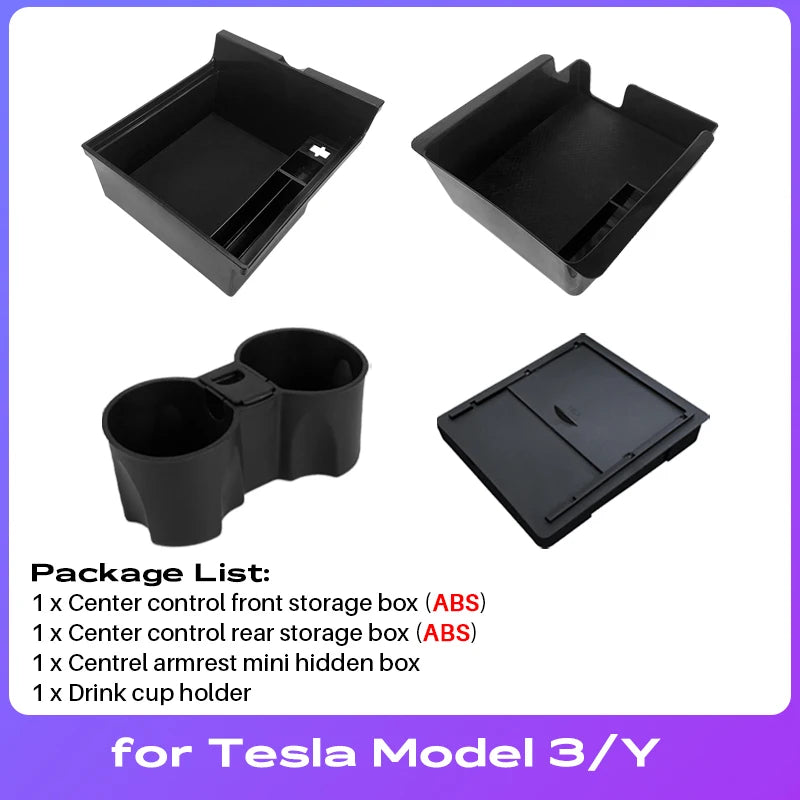 For Tesla Model Y 2020-2024 Hidden Storage Box Car Center Console Armrest Front and Rear Flocking Layer Container Slide
