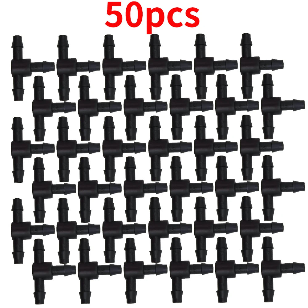 WUJIE 50PCS Plastic Barbed 3-Way TEE Connector for 4/7mm Tubing Watering Pipe Hose Couplings Micro Drip Irrigation Garden Tools