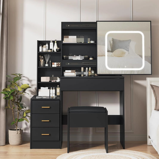 Vanity Desk with Mirror and Led Lights, Makeup Vanity Desk with Sliding Lighted Mirror, Dressing Table Storage for Bedroom