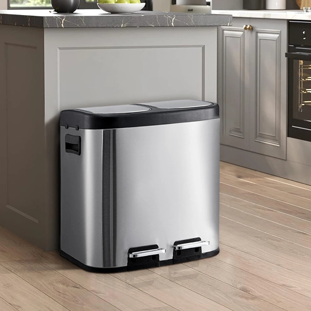 【Lifeideas】30 L/8 Gallon Trash Can, Rectangular Dual Compartment Recycling Step Bin, Stainless Steel Kitchen Trash Can