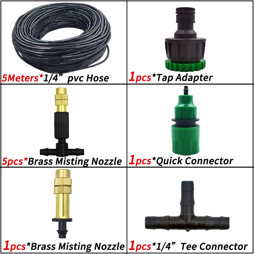 5M-30M Outdoor Misting Cooling System Garden Irrigation Watering 1/4'' Brass Atomizer Nozzles 4/7mm Hose for Patio Greenhouse