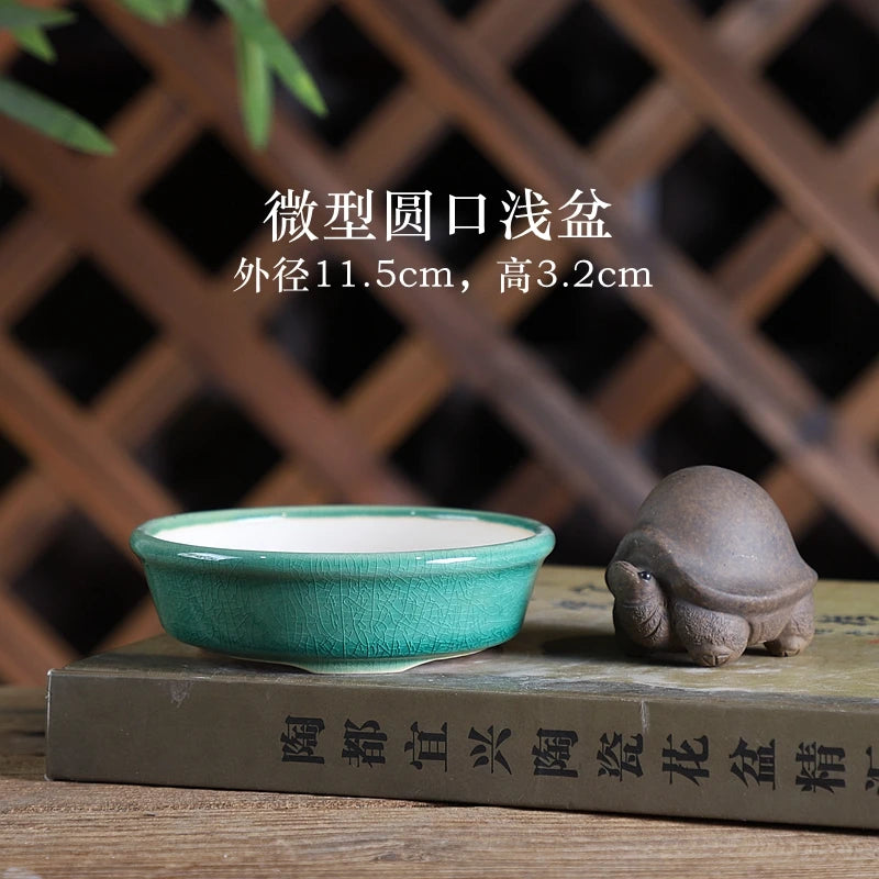 Colorful Glazed Tripedal Circle Plate Bonsai Pot,Small Flower Plants Vase,Table Breathability Garden Home Decoration