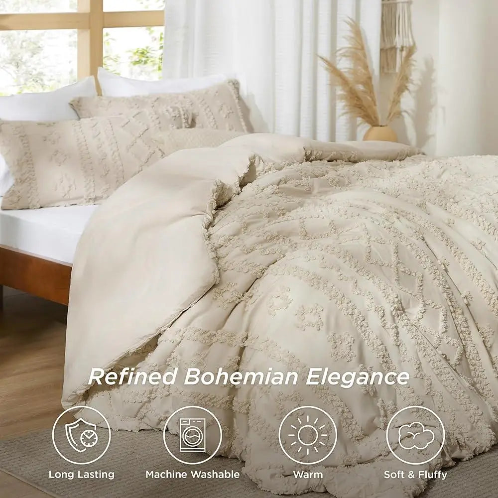 Tufted Boho Comforter Set Queen 3 Pieces Soft Breathable Embroidered Bedding Farmhouse Shabby Chic Cozy Noise-Free Easy Care