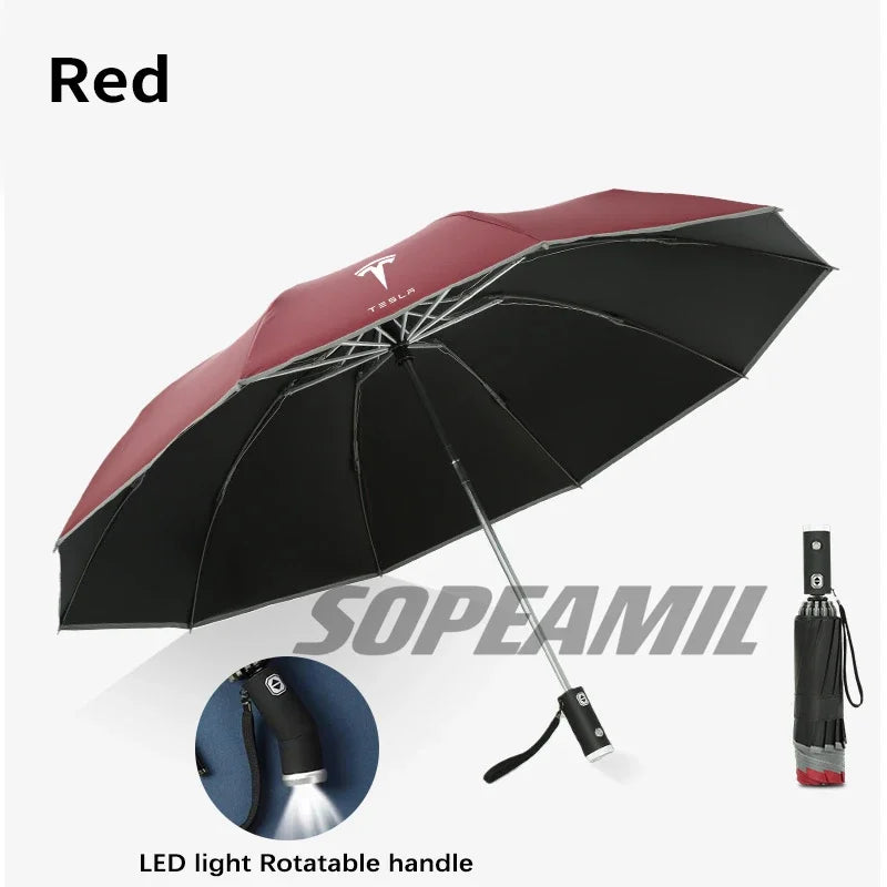 Car Led Light Automatic Folding Windproof Sunshade Umbrella For Tesla Model 3 Model Y Model S Model X Cybertruck Beast Roadster