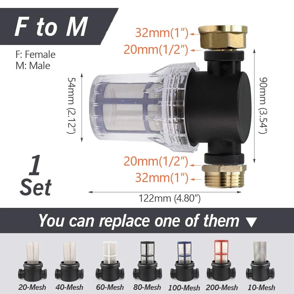 1/2'' 3/4'' 1'' Garden Hose Filter Brass Coupling Joint Agricultural Irrigation Tubing Prefilter Impurities 10-200 Mesh Strainer
