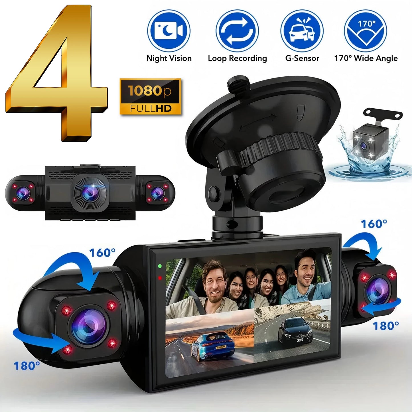 Car Dash Cam 4 Channel Black Box Driving Camera FHD 1080P Front Left R