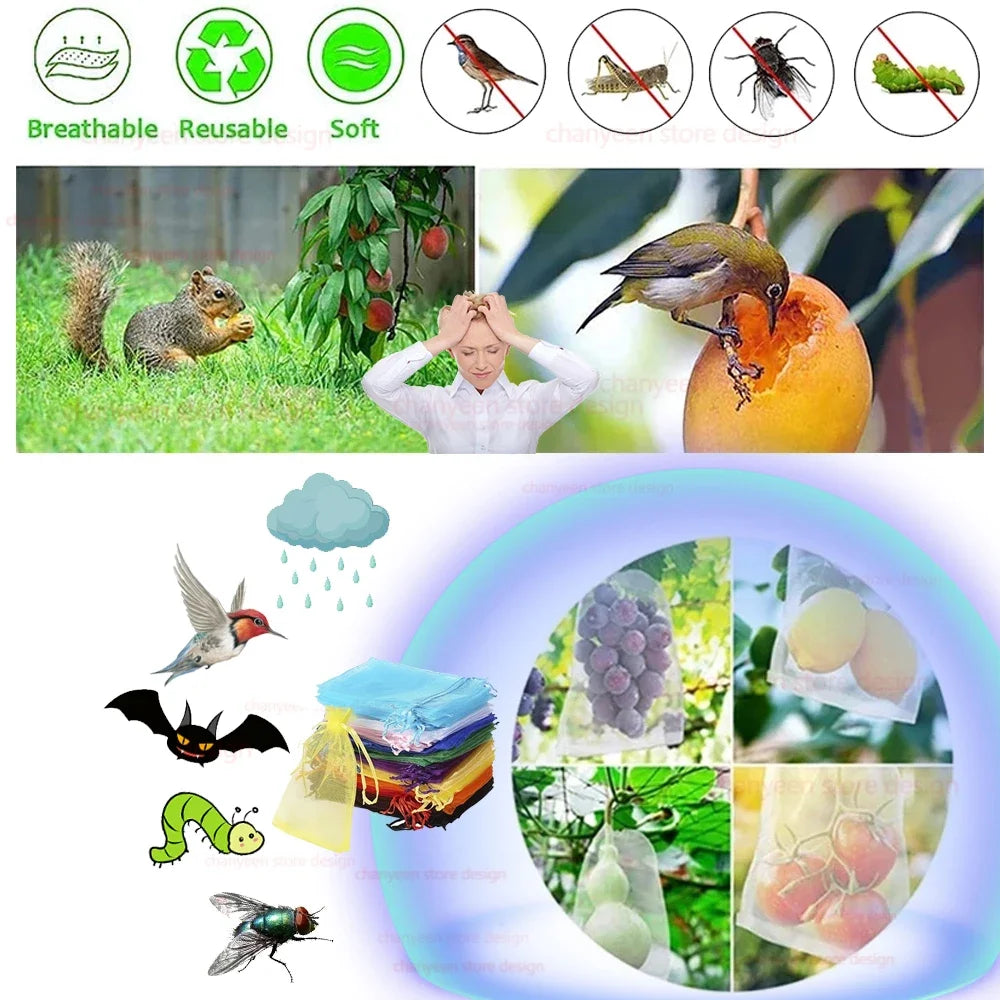 20-100pcs Strawberry Grapes Fruit Grow Bags Netting Mesh Vegetable Plant Protection Bags For Pest Control Anti-Bird Garden Tools