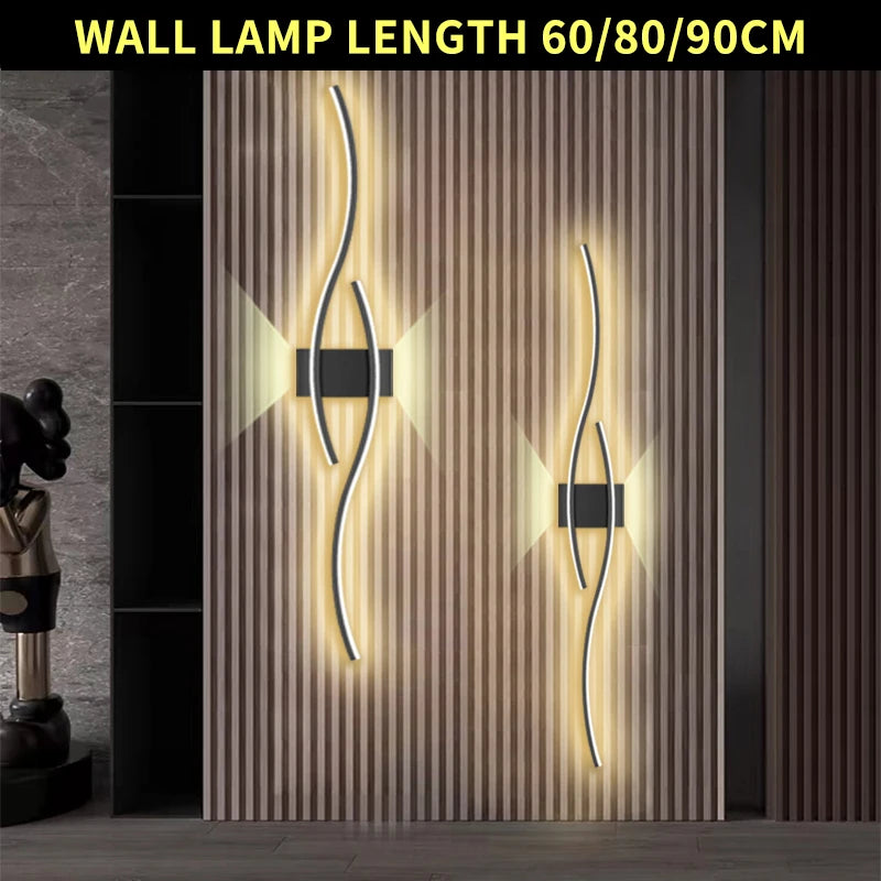Modern LED Strip Wall Sconce - Double Curve, Remote, Black Gold, Bedside Bedroom | AlluCanFind