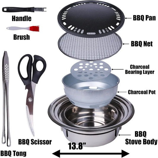 Portable Korean BBQ Grill | Stainless Steel Charcoal Non-Stick Round Stove
