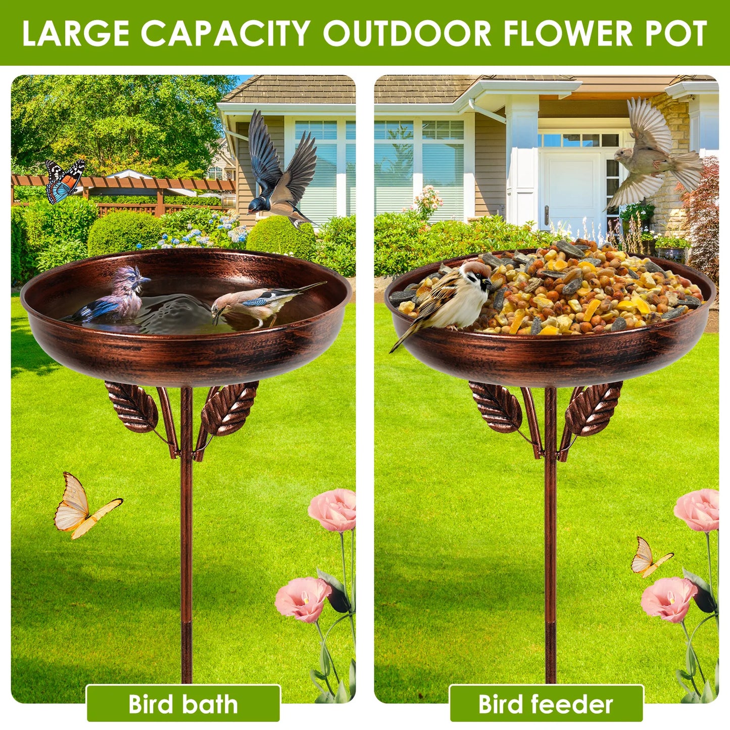 Bird Bath Feeder Bowl Metal Garden Birdbath with 5 Prong Stakes Outdoor Standing Bird Bath Bowls for Patio Outside Yard Decor