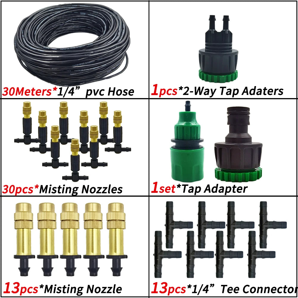 5M-30M Outdoor Misting Cooling System Garden Irrigation Watering 1/4'' Brass Atomizer Nozzles 4/7mm Hose for Patio Greenhouse