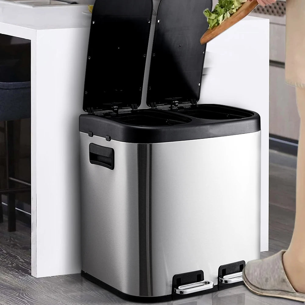 【Lifeideas】30 L/8 Gallon Trash Can, Rectangular Dual Compartment Recycling Step Bin, Stainless Steel Kitchen Trash Can