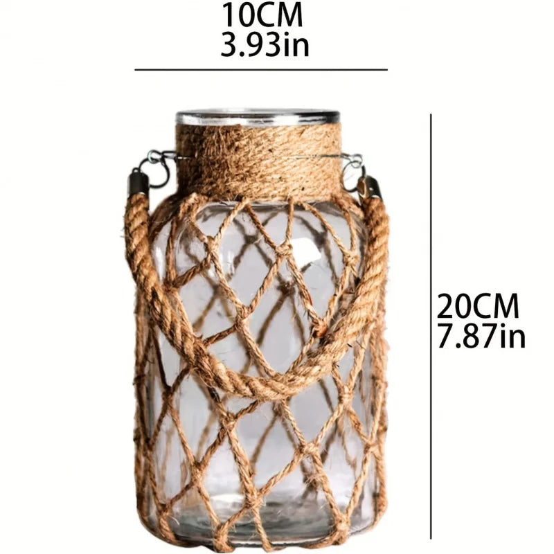 Boho-Chic Handwoven Mesh Glass Vase - Portable, Transparent with Solid Pattern for Home Decor & Hydroponics