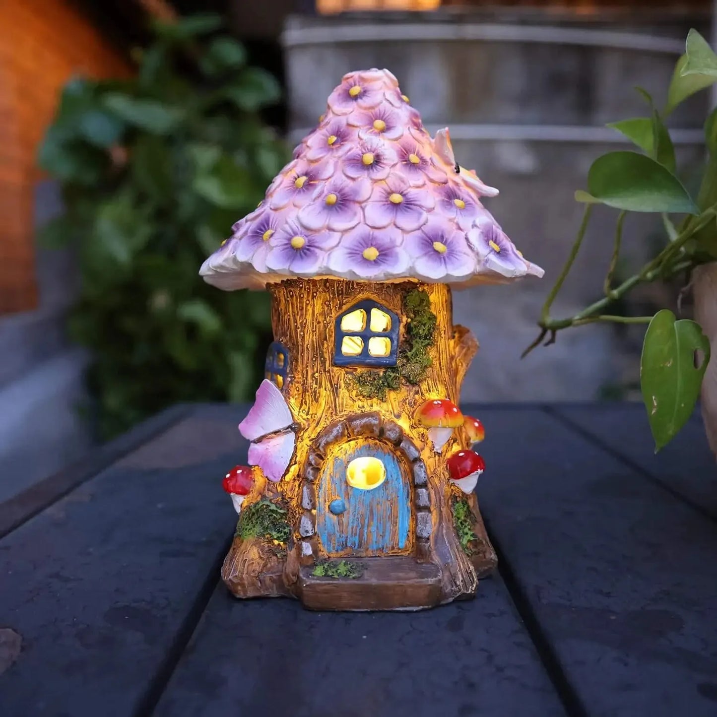 Fairy Garden House Solar Outdoor Statue, Light Up Mushroom Figurines Lawn Decorations for Yard, Fairies for Miniature House