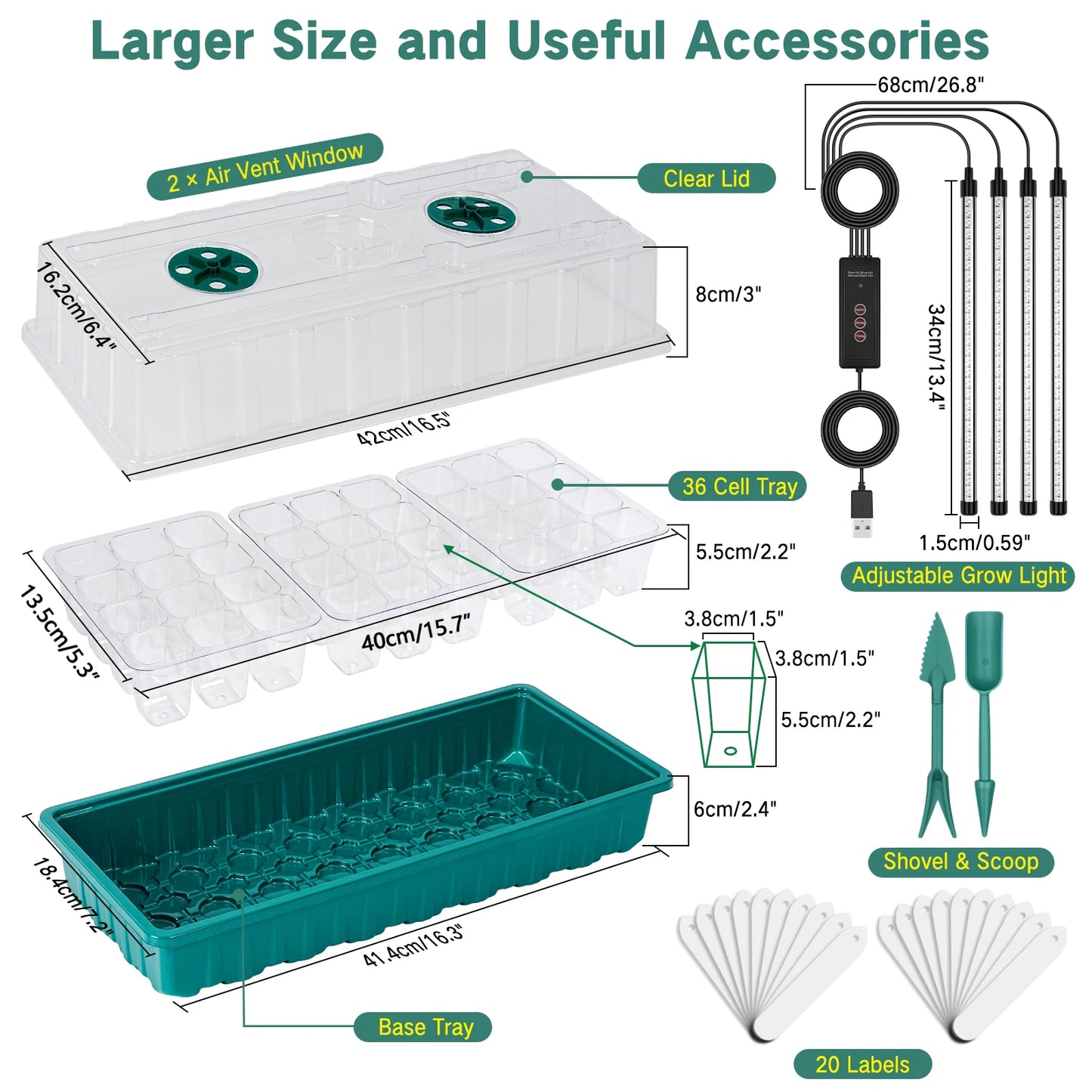 Seed starter tray with grow light, 36-cell seed germination kit, with humidity dome,and adjustable three-color lighting.