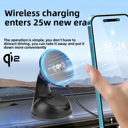 MagSafe Car Charger Qi2.2 25W Fast Wireless Charging for iPhone Samsung Xiaomi Vent Clip Mount Tempered Glass Anti-Slip Holder