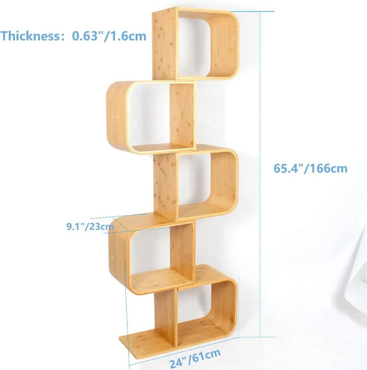 5-Tier S-Shaped Geometric Modern Bamboo Bookshelf, 2 in 1 Bookcase Storage CDs, DVDs Book Shelf for Home, Living Room
