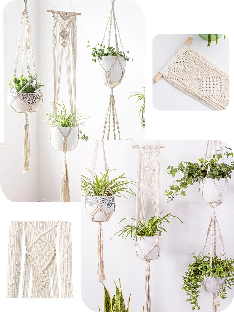 Gardening Green Plant Hanging Basket Cotton Rope Hanger Flower Pot Handmade Macrame Pot Pocket Wall Boho Courtyard Home Decor
