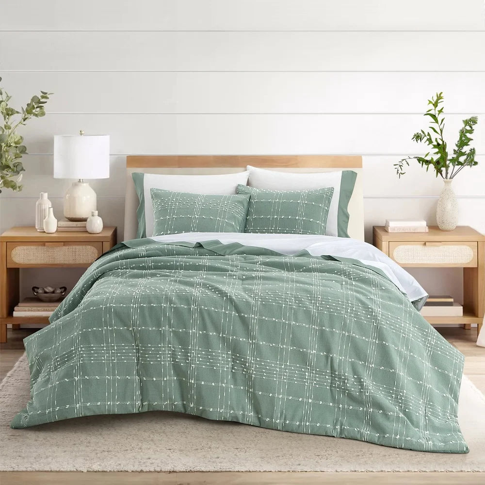 7 Piece Green Plaid Bed in a Bag Comforter Set with Sheets Queen Soft Breathable Hypoallergenic Bedding Ensemble Year Round