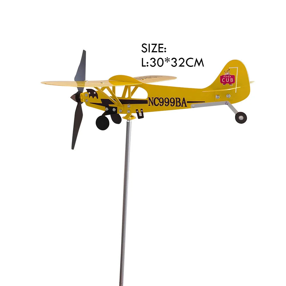 3D Piper J3 Cub Wind Spinner Plane Metal Airplane Weather Vane Outdoor Roof Wind Direction Indicator WeatherVane Garden Decor