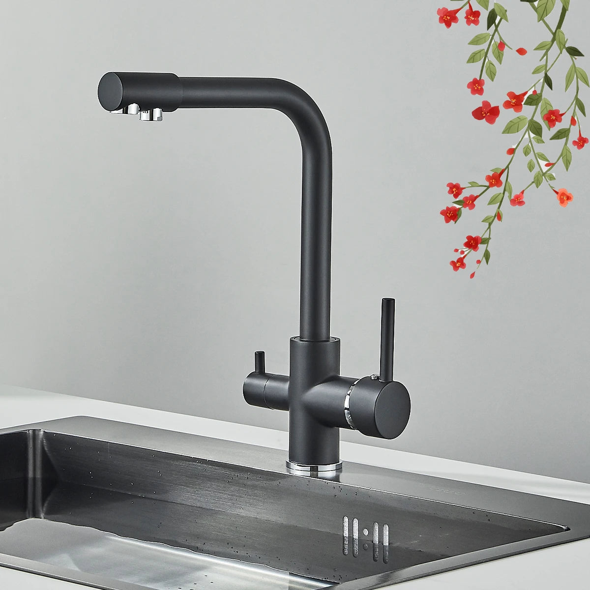 Pure Water Kitchen Faucet Chrome Stainless Steel Dual handle Hot Cold Water Mixer Tap Filtered Deck Mounted Torneira Crane Tap