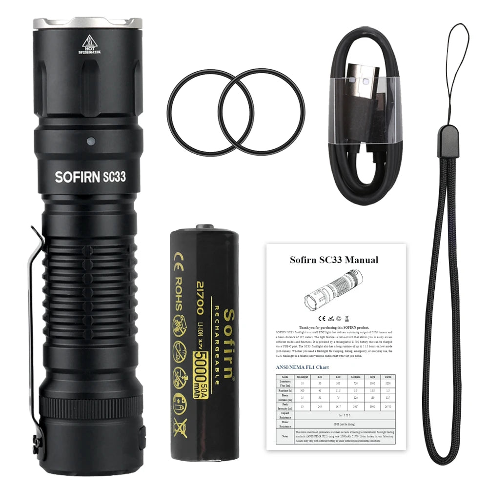 Sofirn SC33 XHP70.3 HI LED Flashlight Tactical 5200lm Powerful 21700 U