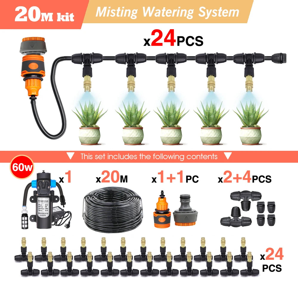 10-25M Garden Adjustable Brass Nozzle Misting 1/4" Watering System 60W Self-Priming Pump Automatic Cool Irrigation Equipment