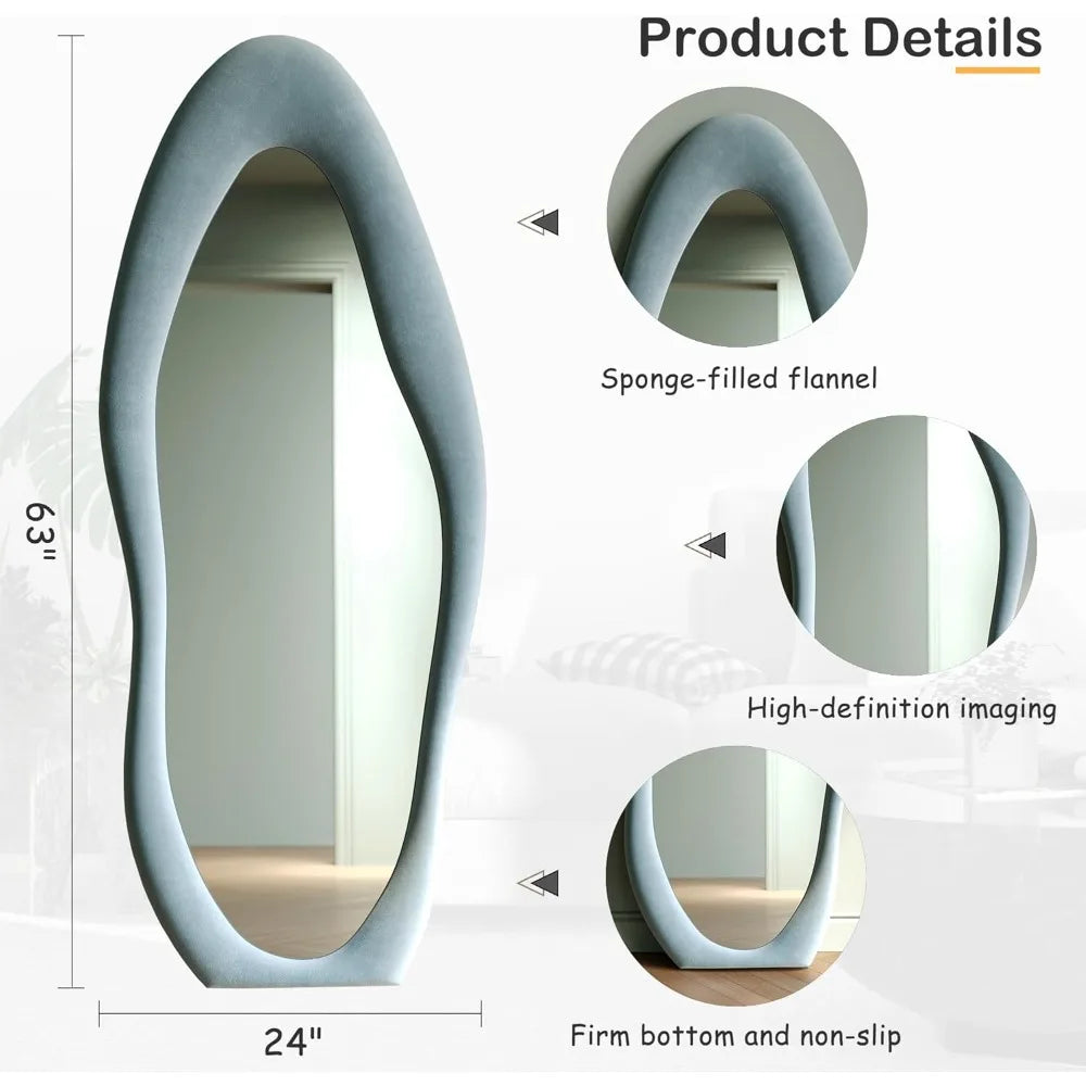 Full Length Mirror, 63" x 24" Wall Mirror, Flannel Wrapped Wood Frame - Wavy Full Body Mirror for Bedroom, Living Room & Cloakro
