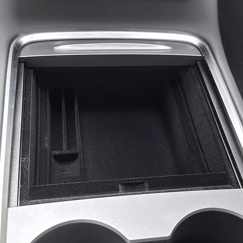 For Tesla Model Y 2020-2024 Hidden Storage Box Car Center Console Armrest Front and Rear Flocking Layer Container Slide