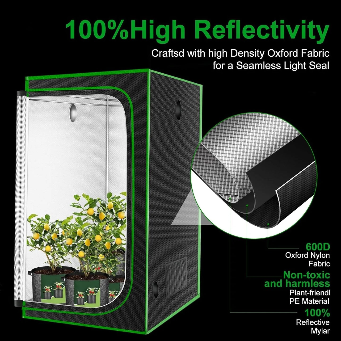 4x4 Grow Tent, 48"x48"x80'' High Reflective 600D Diamond Mylar Canvas with Observation Window and Floor Tray for Plant Growing