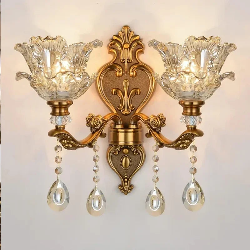 2025 New European Style Retro Crystal Glass Wall Lamp Dual Head Living Room Bedroom Bedside Lamp Corridor Corridor Wall Lamp