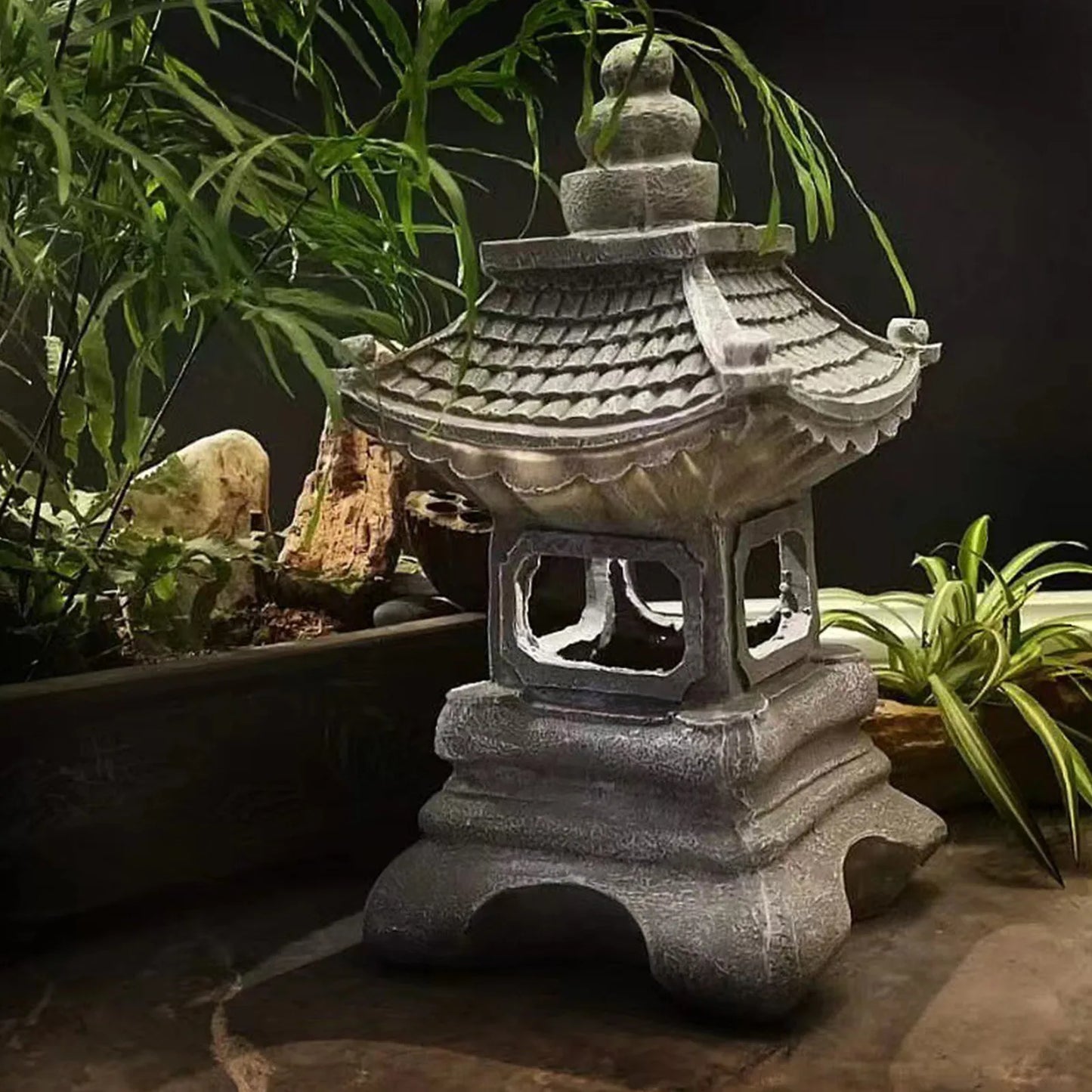 Pagoda Statues Outdoor Solar Powered Statue Japanese Garden Decor Outdoor Zen Garden Lantern Flickering LED Garden Light