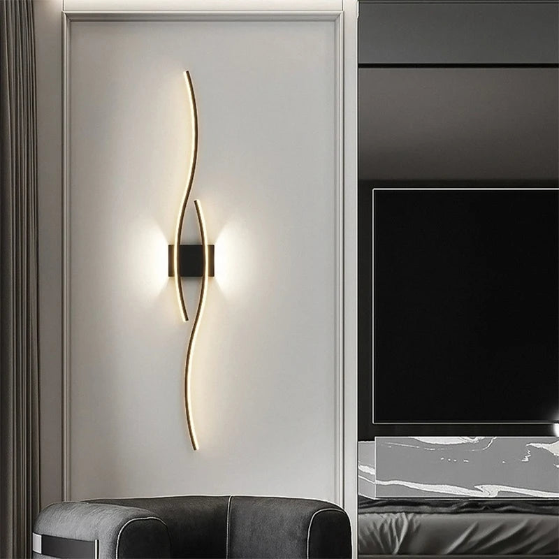 Modern LED Strip Wall Sconce - Double Curve, Remote, Black Gold, Bedside Bedroom | AlluCanFind