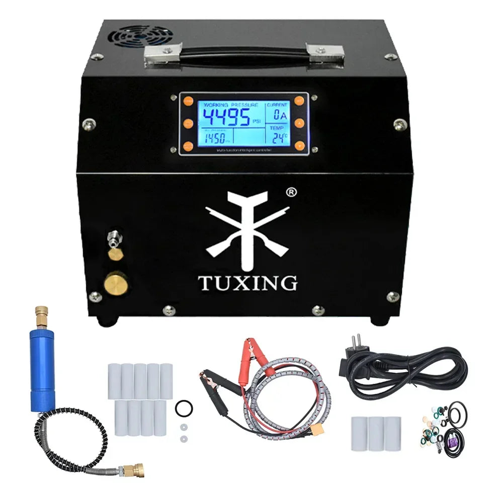 TUXING 4500Psi 300Bar PCP Air Compressor with LCD Display Digital Control Compressor Auto-Stop 12V Power Adapter for PCP Tank