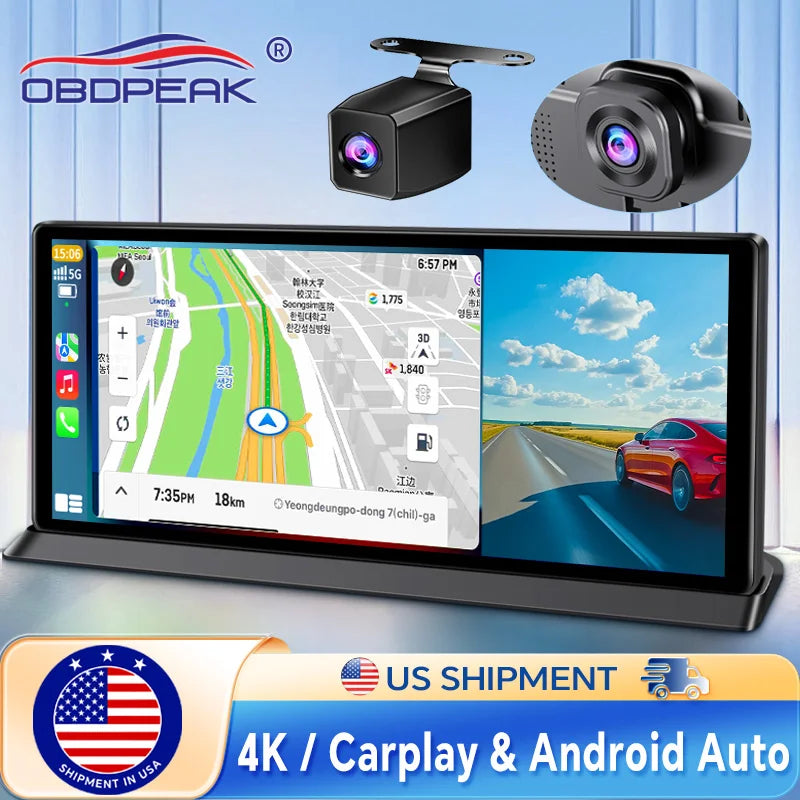 11.3 inch Car DVR 4K Dash Cam Dual Lens Wireless Carplay & Android Aut