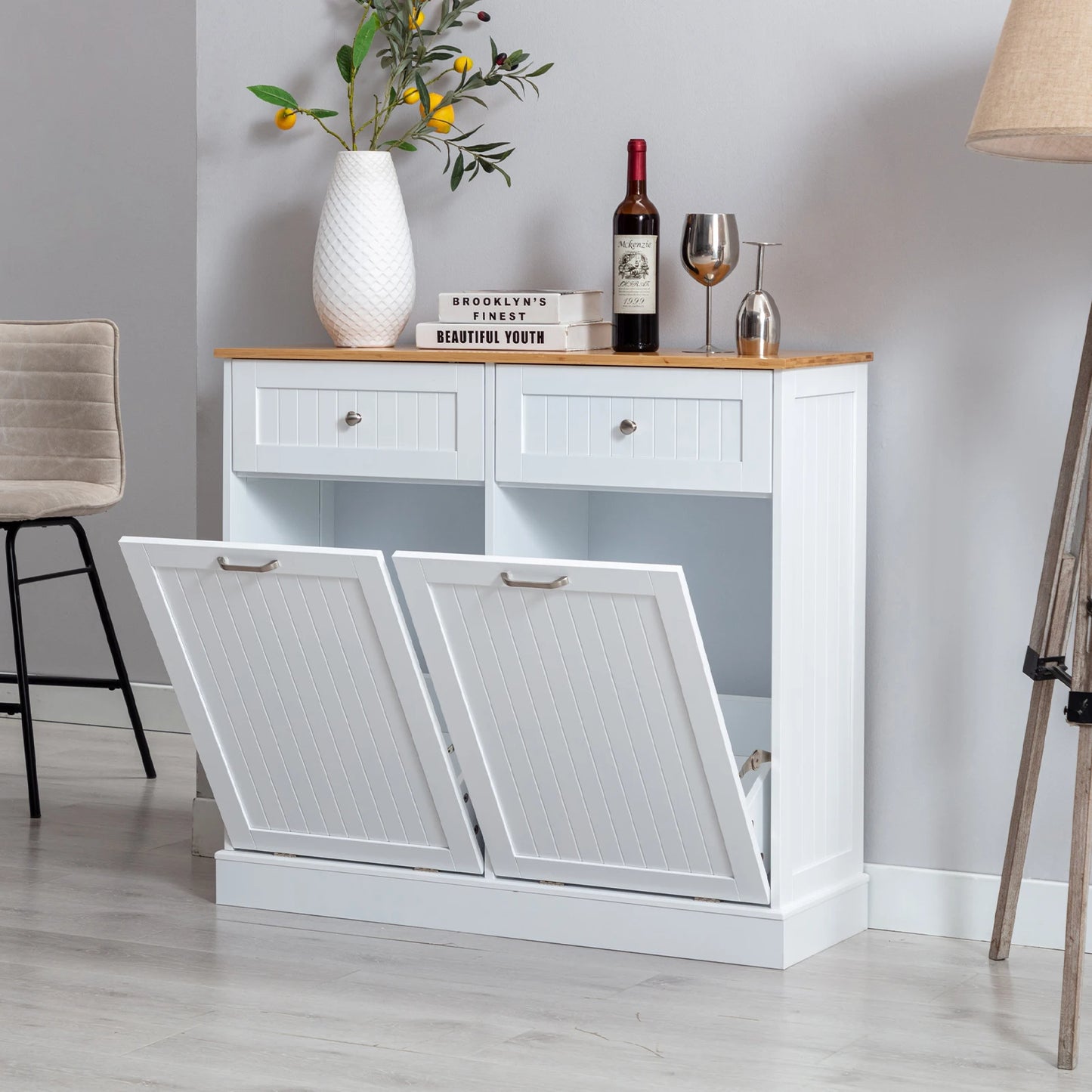 Trash Cabinet Tilt Out Freestanding, Pet Proof Kitchen Trash Cabinet Laundry Hamper with Cutting Board, Wood Garbage Recycling S